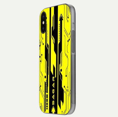 Electric Pulse CYBERPUNK Custom Name Glass Case for iPhone X side-angle image showing glossy reflection and edge illumination