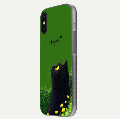Emerald Cat Custom Name Glass Case for iPhone X side-angle photo showing name clarity and glass reflection