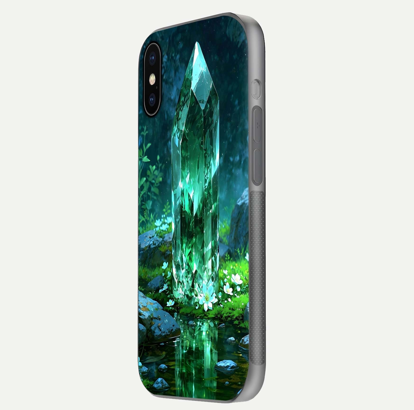 Emerald Light Crystal Glass Case for iPhone X side-angle image showing gloss reflection and curved border