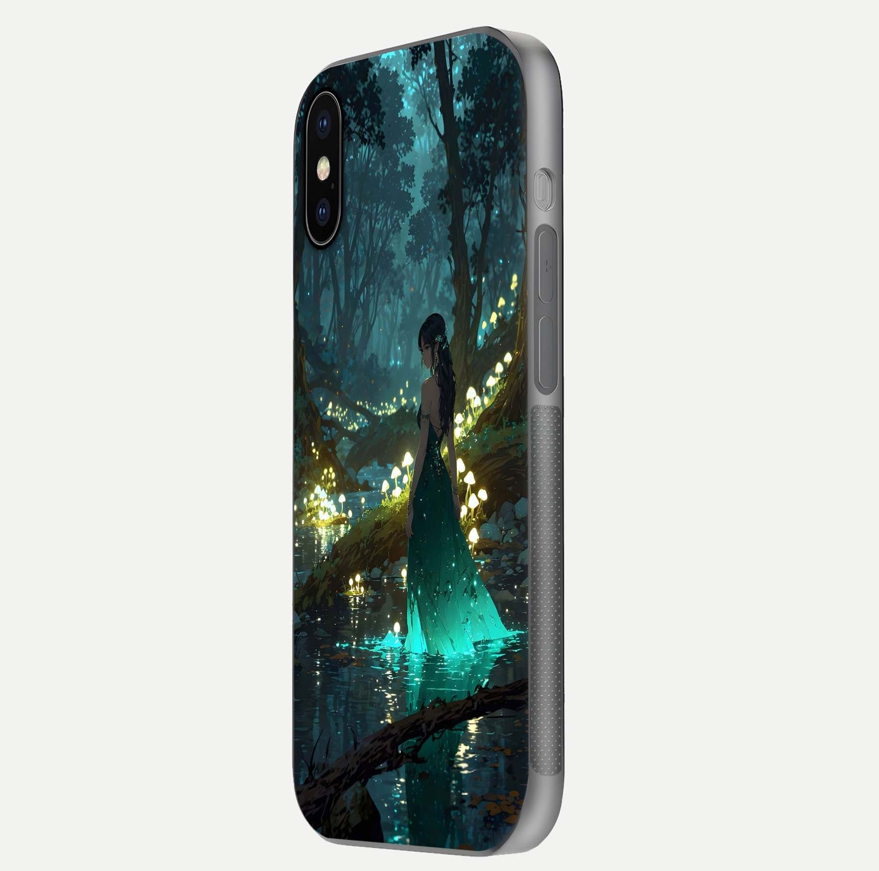 Enchanted Forest Glow Glass Case for iPhone X side-angle image capturing shine reflection and rich detail