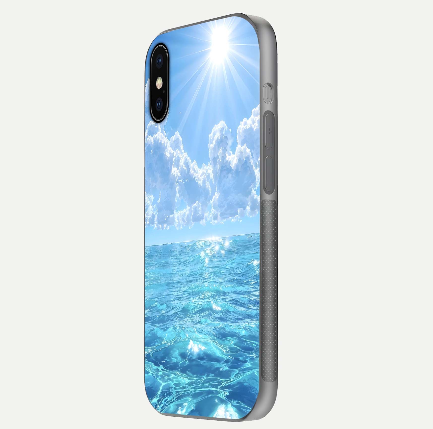 Endless Ocean Horizon Glass Case for iPhone X side-angle photo showing reflection glow and wave tone