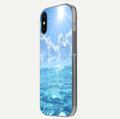 Endless Ocean Horizon Glass Case for iPhone X side-angle photo showing reflection glow and wave tone