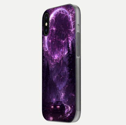 Eternal Cosmic Drive Glass Case for iPhone X side-angle image showing reflection texture and color contrast