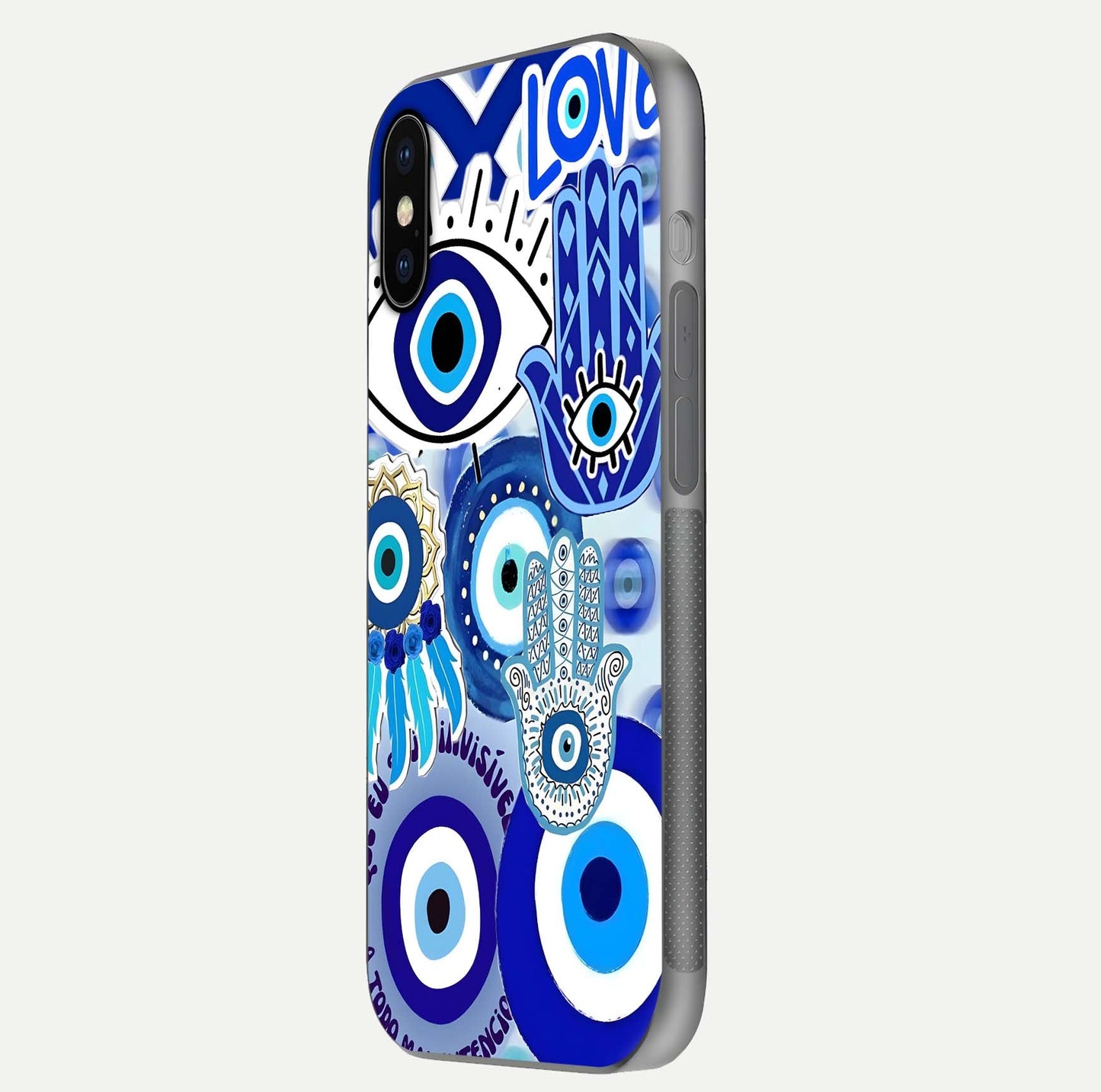Evil Eyes Dream Glass Case for iPhone X side-angle photo capturing smooth edges and reflective texture