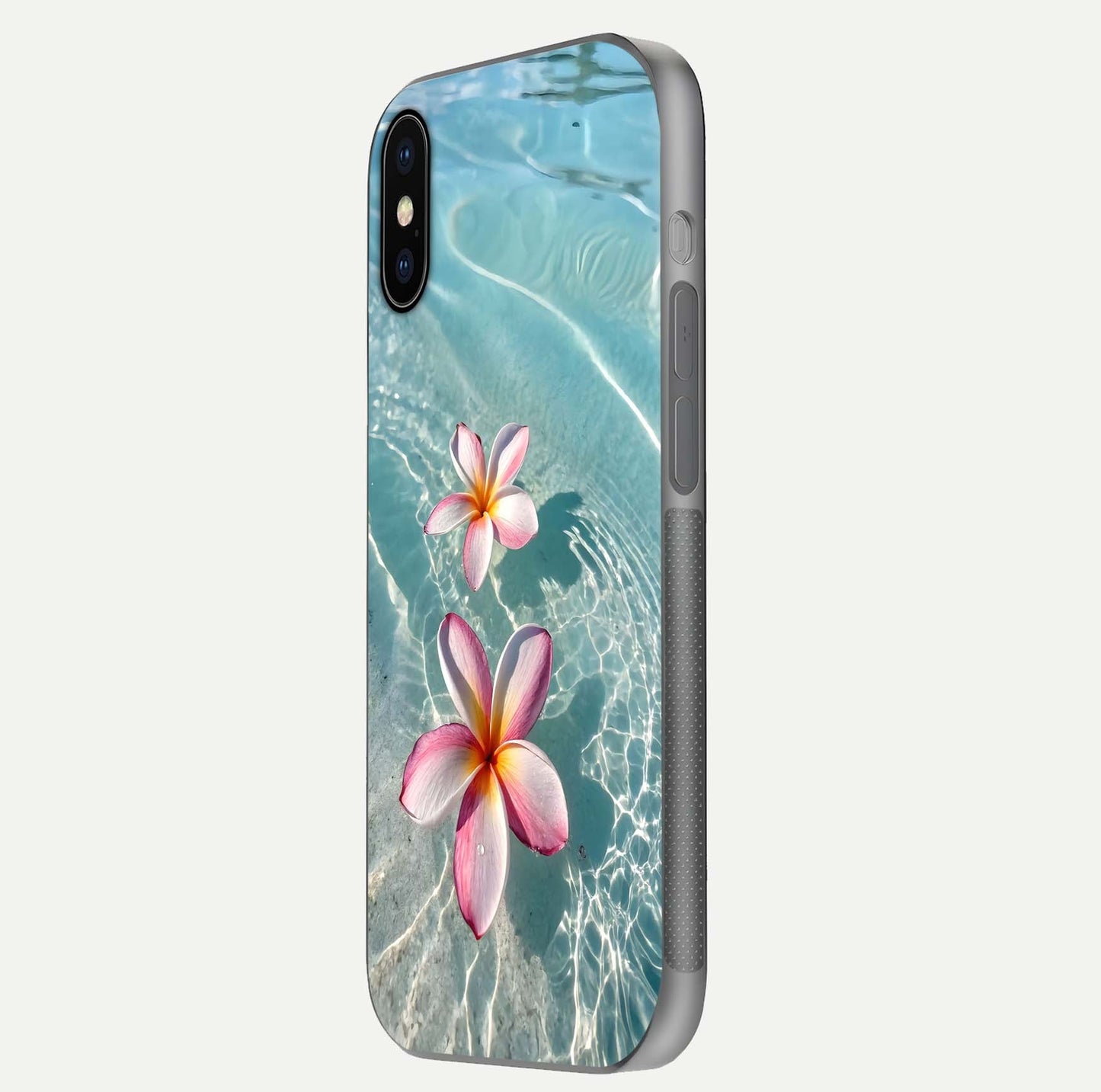 Floating Bloom Bliss Glass Case for iPhone X side-angle photo showing smooth reflection and elegant curve