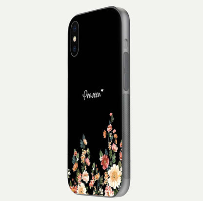 Floral Design Personalized Custom Name Glass Case for iPhone X side-angle image showing name alignment and gloss shine