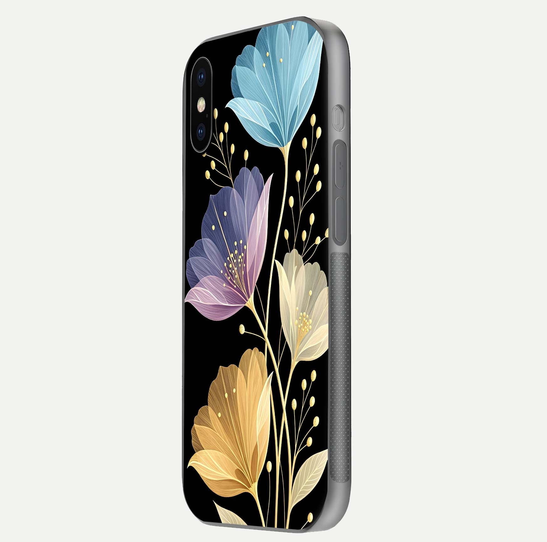 Flower Bloom Glow Glass Case for iPhone X side-angle image capturing gloss reflection and flower glow