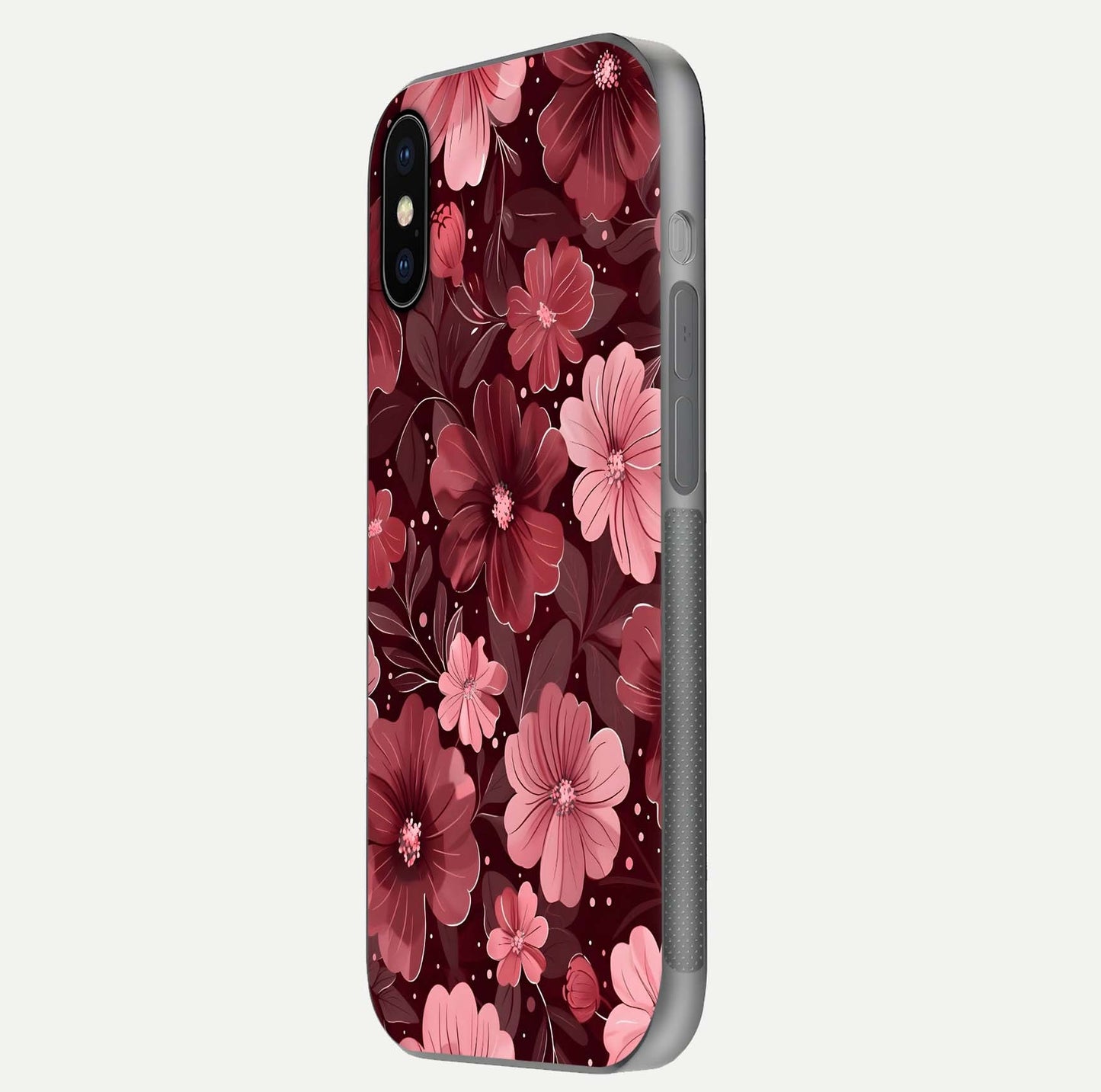 Flower Blush Bloom Glass Case for iPhone X side-angle photo showing glass reflection and delicate hues
