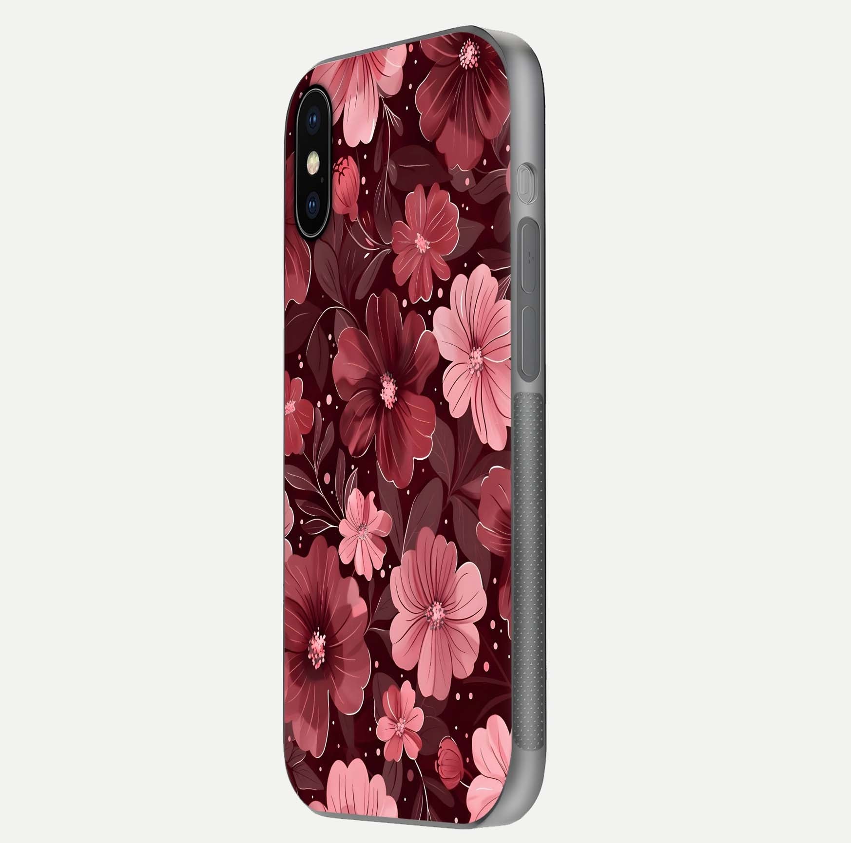 Flower Blush Bloom Glass Case for iPhone X side-angle photo showing glass reflection and delicate hues
