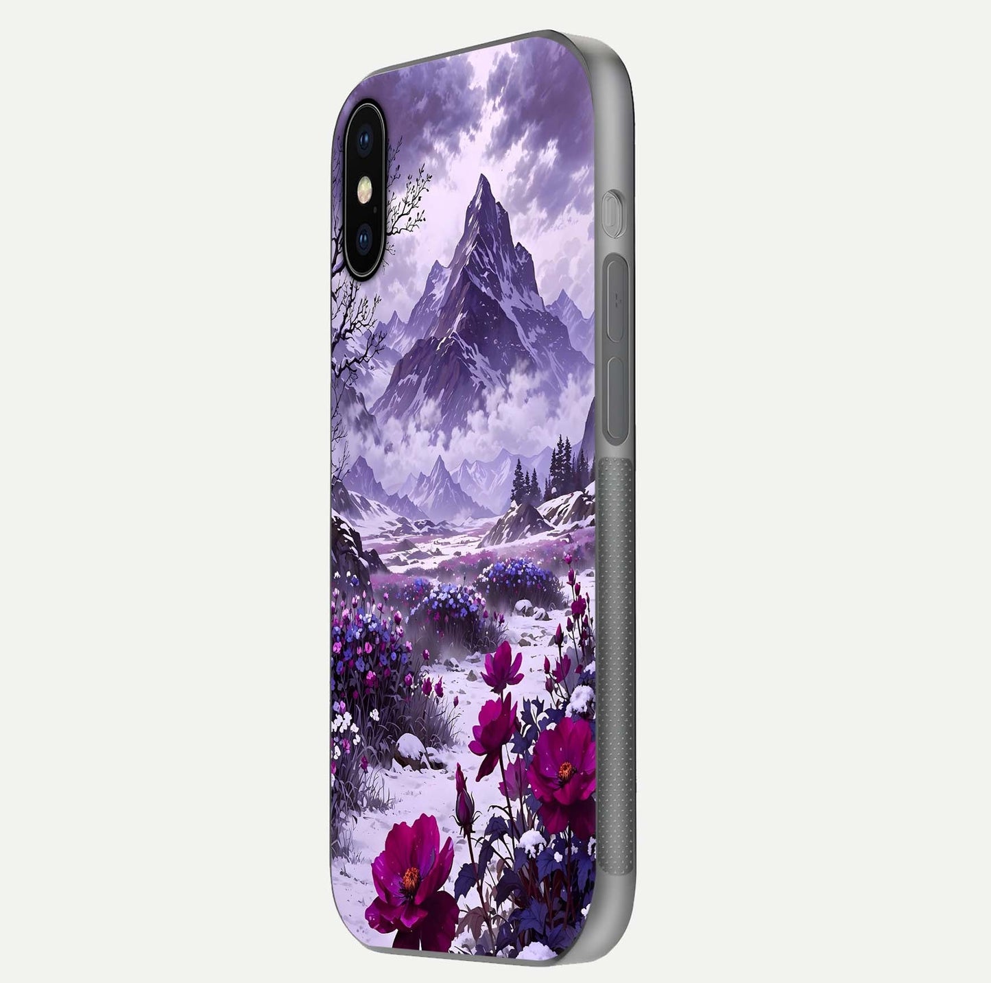 Flower Mountain View Glass Case for iPhone X side-angle image showing gloss polish and smooth edge