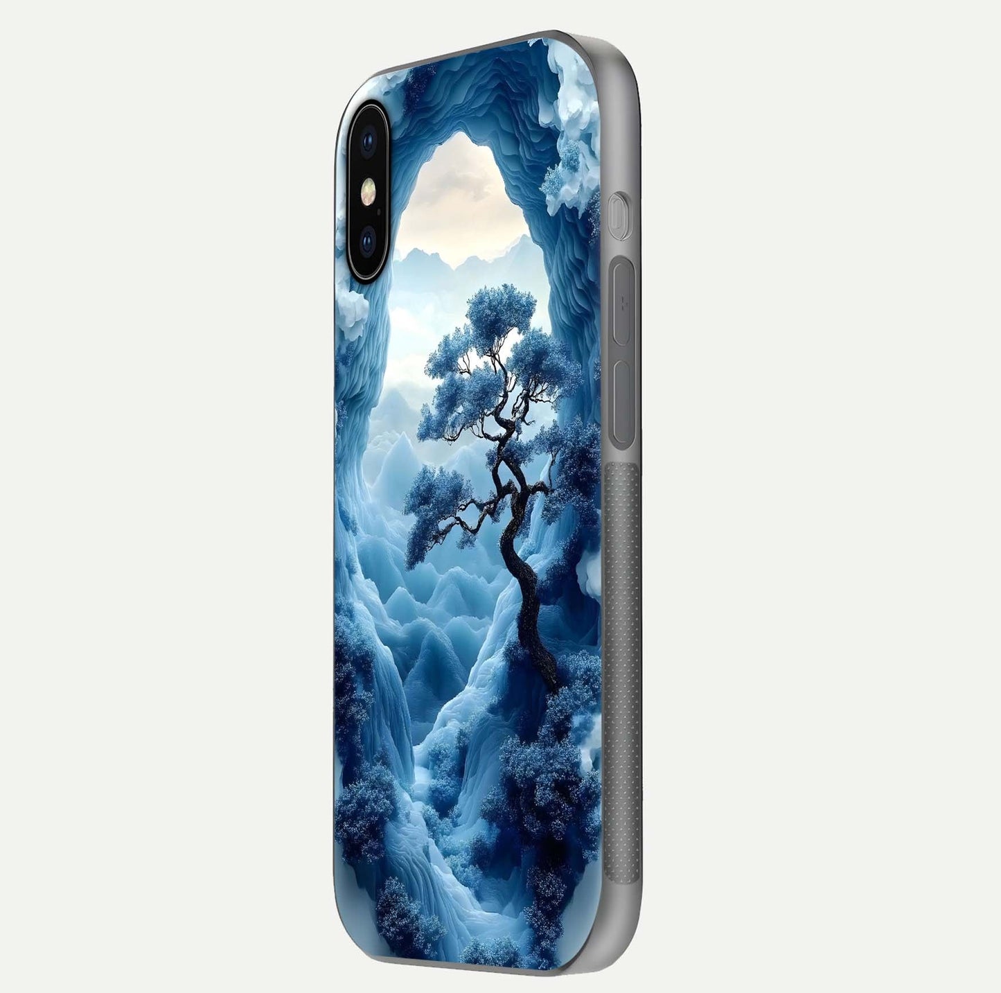 Frozen Serenity Gate Glass Case for iPhone X side-angle photo showing reflective surface and cold tones
