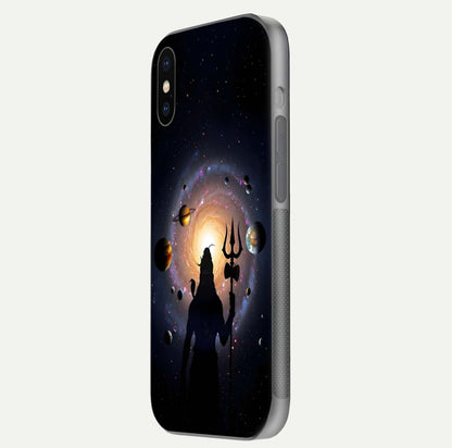 Galactic Shiva Vision Glass Case for iPhone X side-angle image showing light reflection, glass edges, and spiritual cosmic theme
