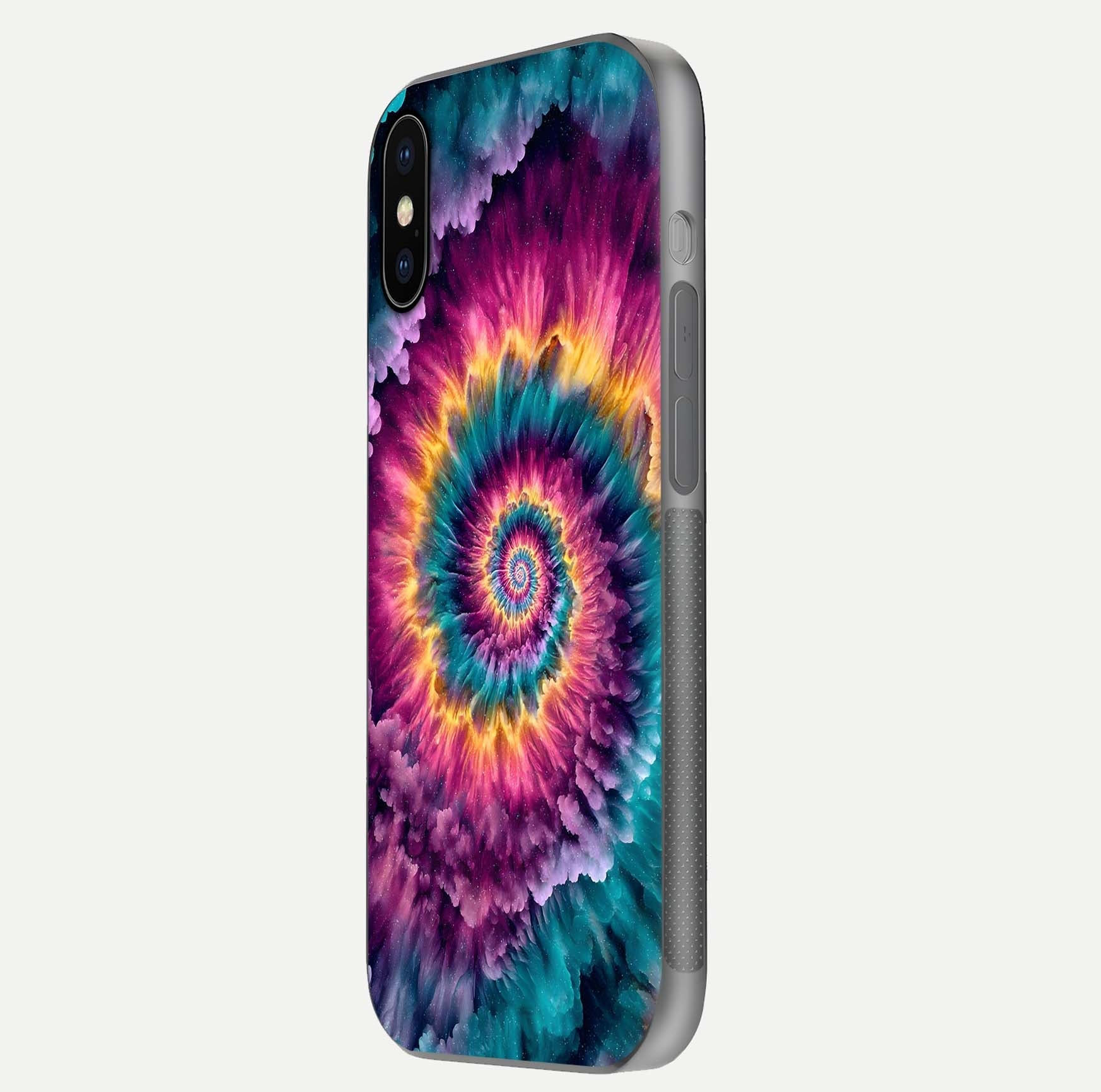 Galactic Spiral Burst Glass Case for iPhone X side-angle image showing reflection clarity and vivid galactic texture