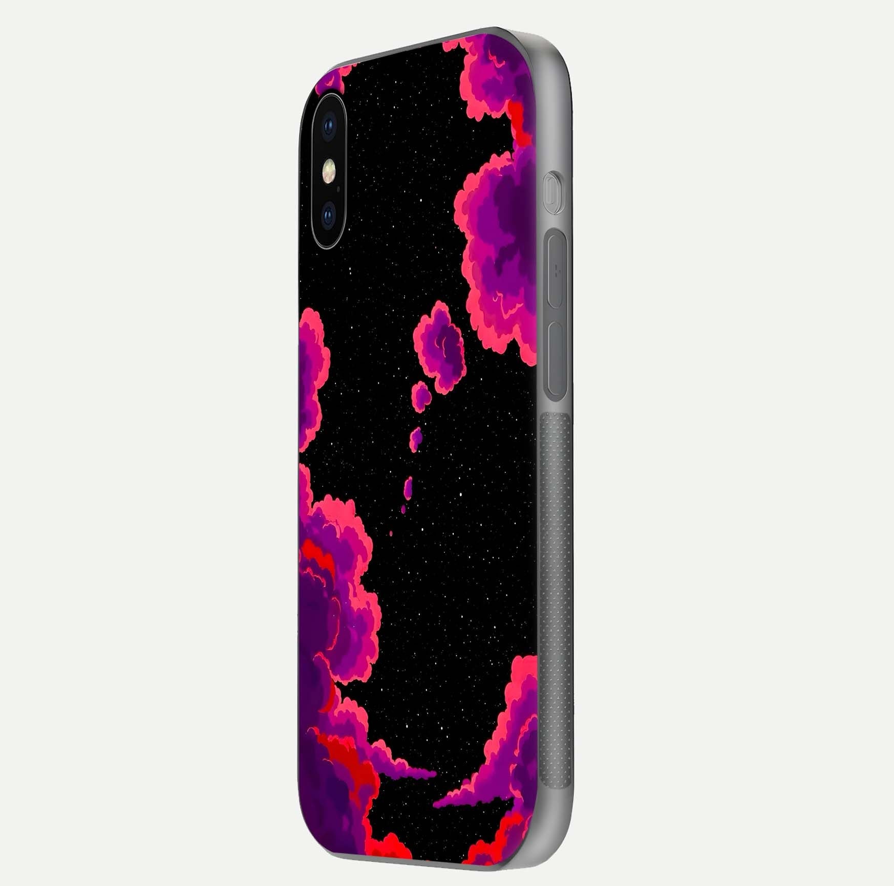 Galaxy Dream Frame Glass Case for iPhone X side-angle image showing reflection light and premium finish