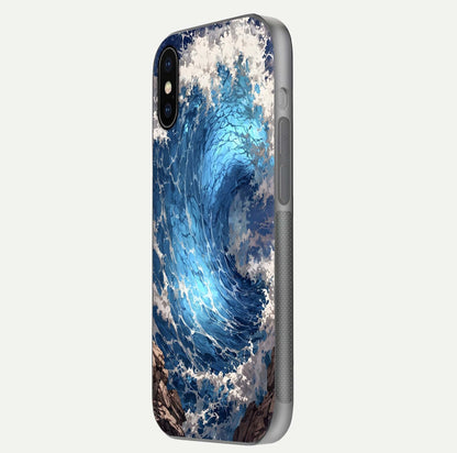 Giant Ocean Wave Glass Case for iPhone X side-angle image showing light reflection and ocean detail