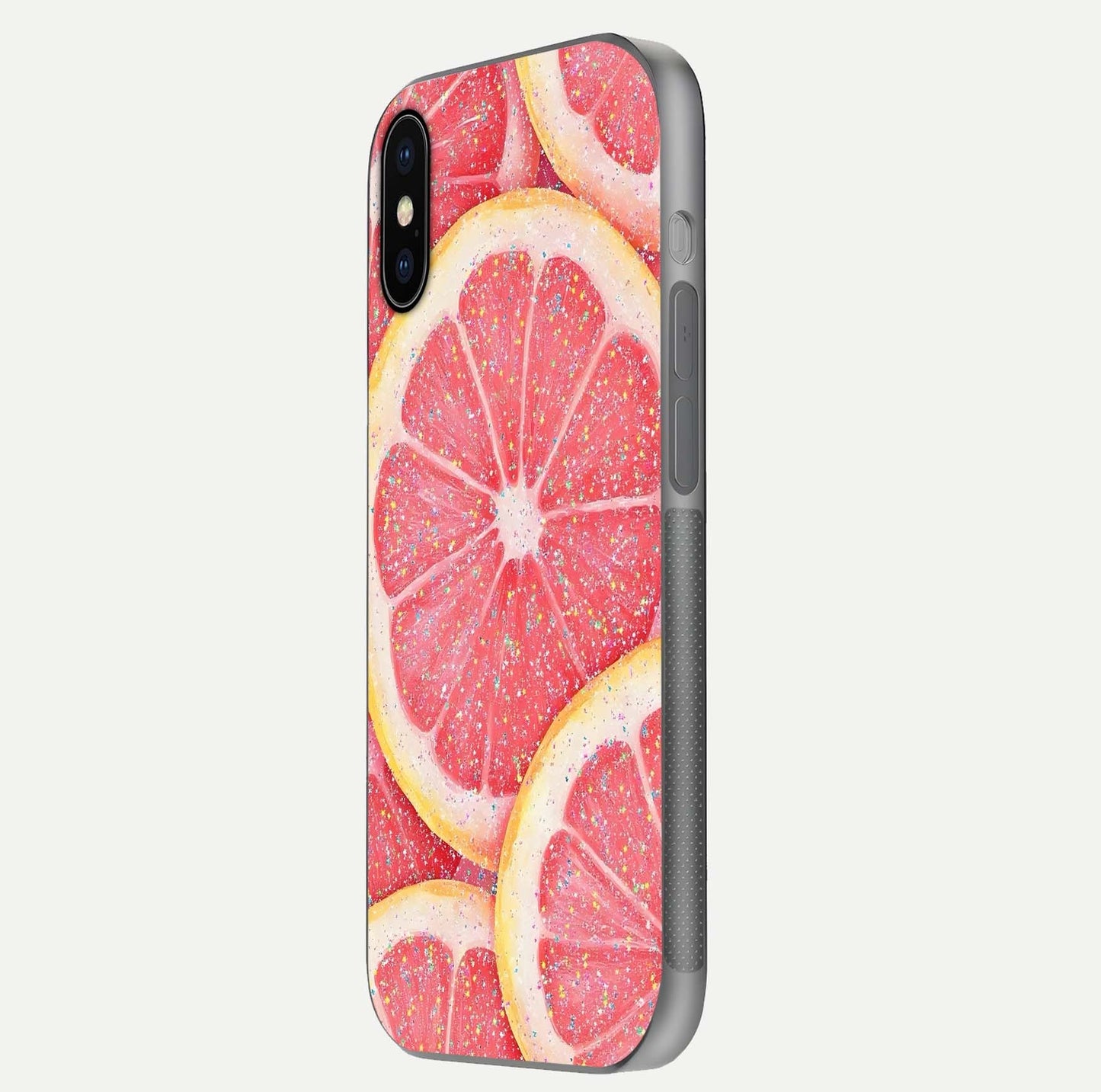 Glitter Grapefruit Glass Case for iPhone X side-angle image showing reflection glow and polished edges