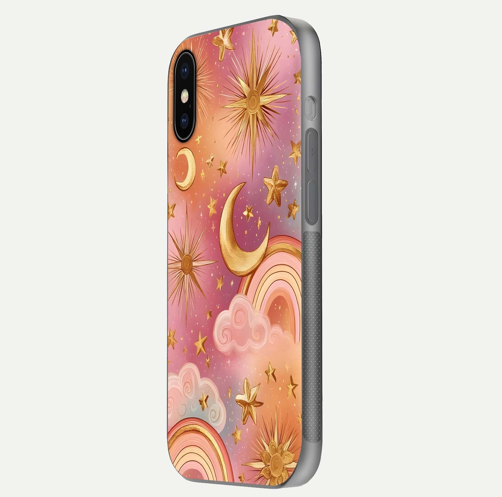 Golden Celestial Dreams Glass Case for iPhone X side-angle image capturing reflection brightness and starry detail