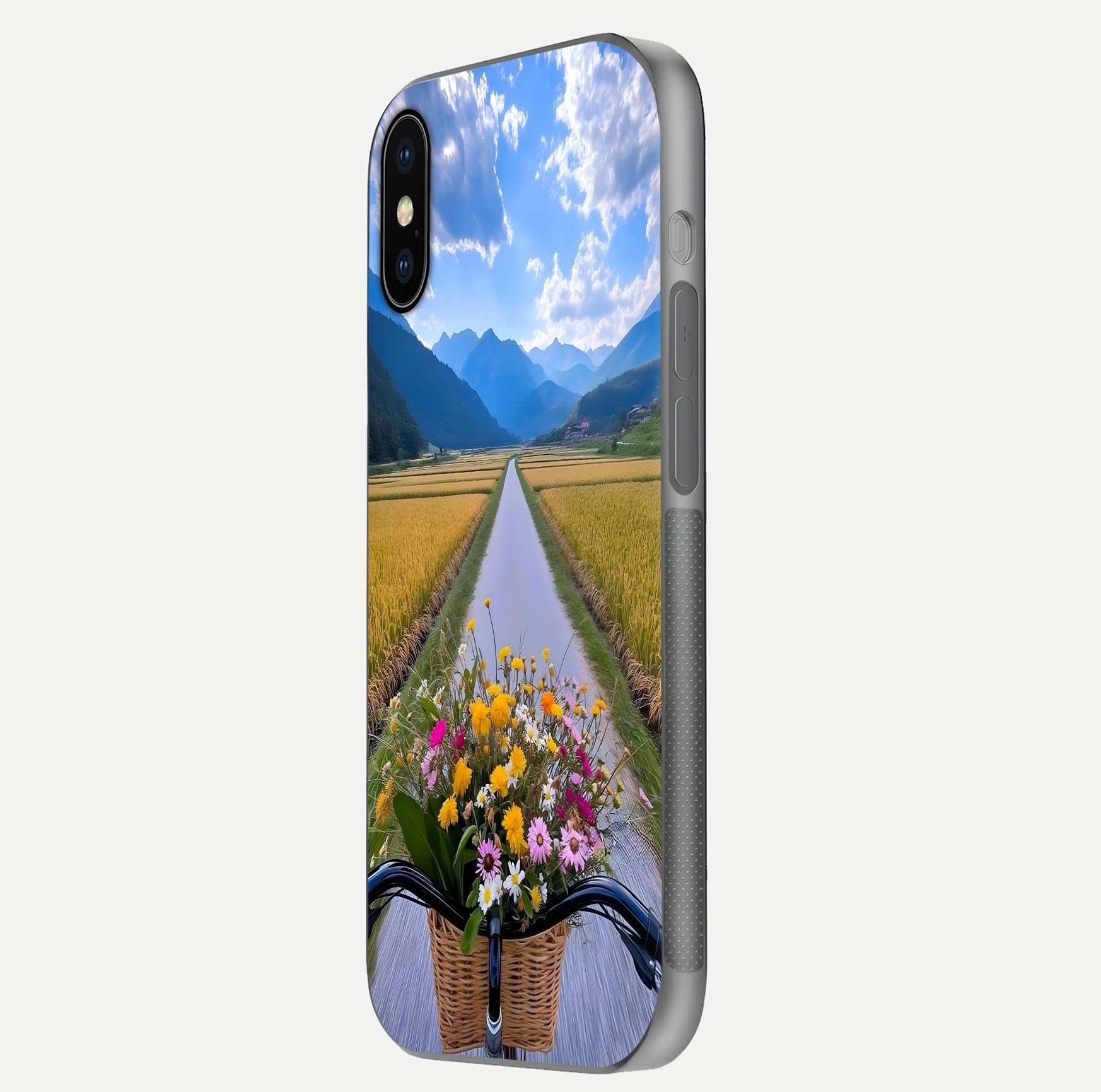 Golden Field Journey Glass Case for iPhone X side-angle image showing golden glow, reflection shine, and curved edge