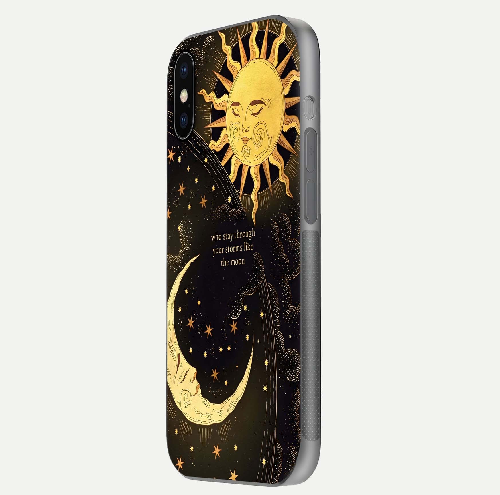 Golden Lunar Love Glass Case for iPhone X side-angle image showing reflection brilliance and smooth golden tone