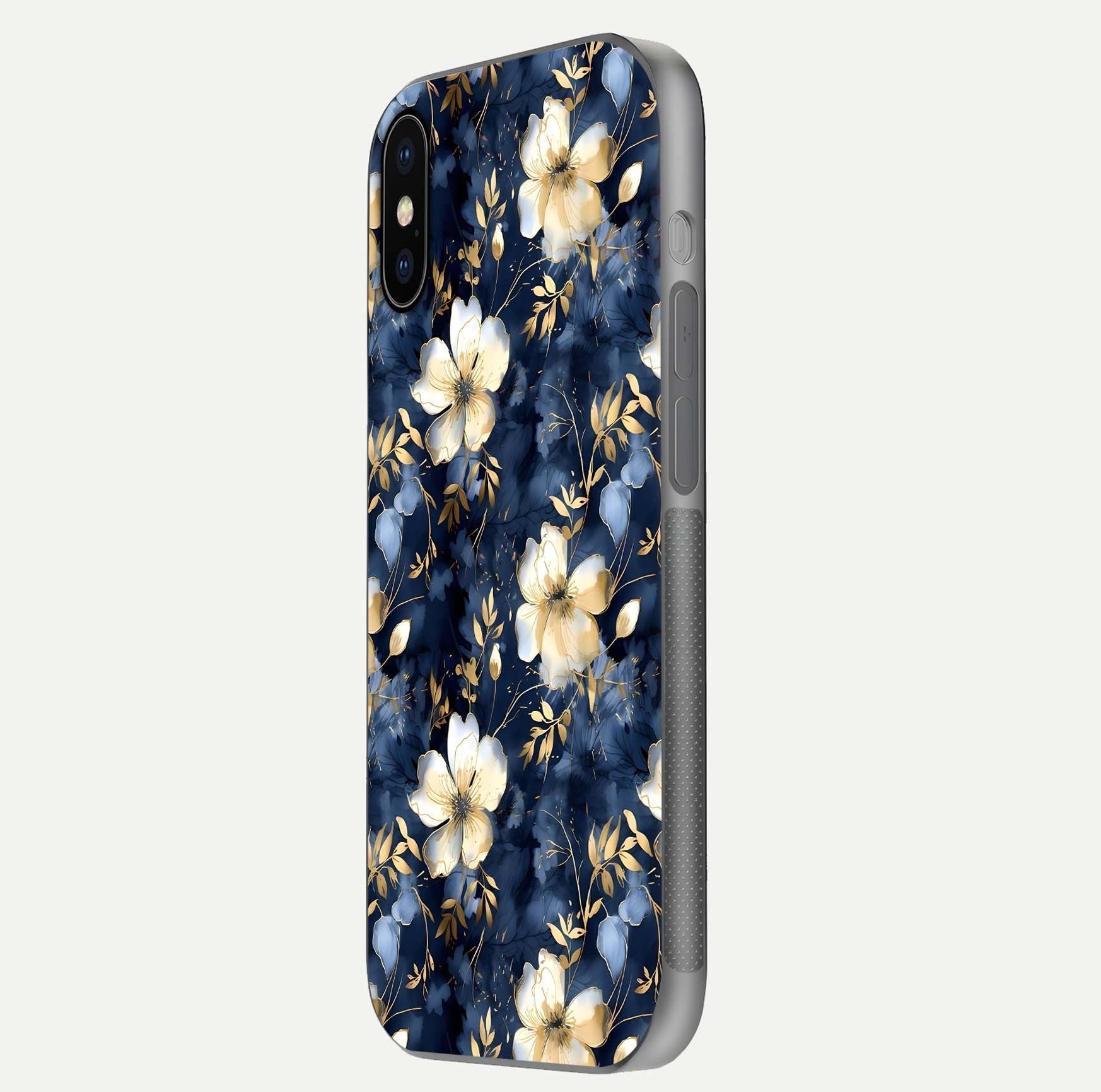 Golden Midnight Bloom Glass Case for iPhone X side-angle image showing shine depth and elegant edge design