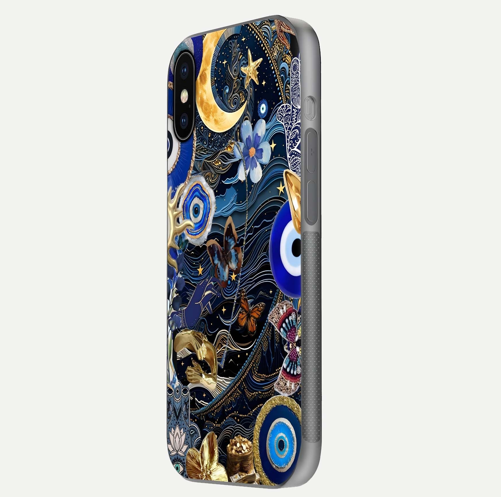Golden Moon Magic Glass Case for iPhone X side-angle image showing reflection glow, curved polish, and moon detail