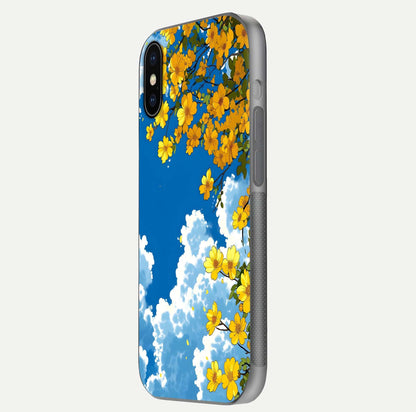 Golden Petal Sky Glass Case for iPhone X side-angle image showing reflection depth and metallic floral tones