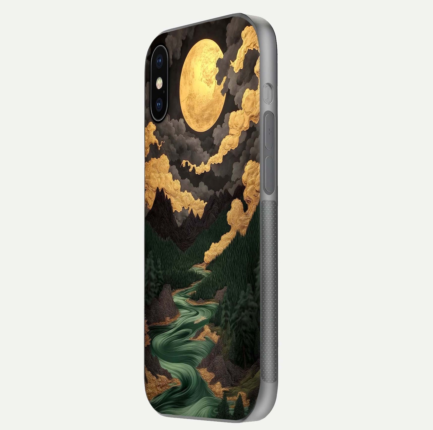 Golden River Moon Glass Case for iPhone X side-angle image showing reflection clarity and detailed nightscape