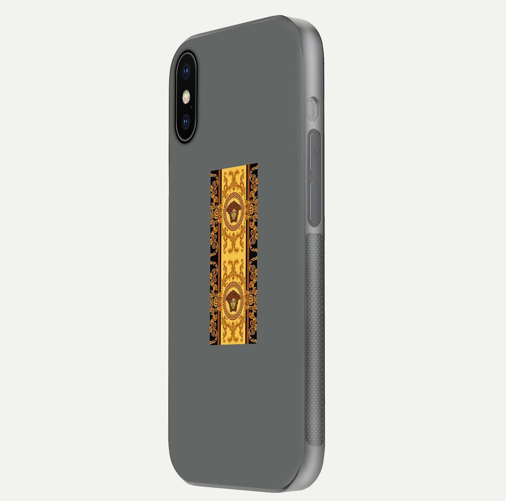 Golden Royal Heritage Glass Case for iPhone X side-angle image showing reflection glow and luxury detailing