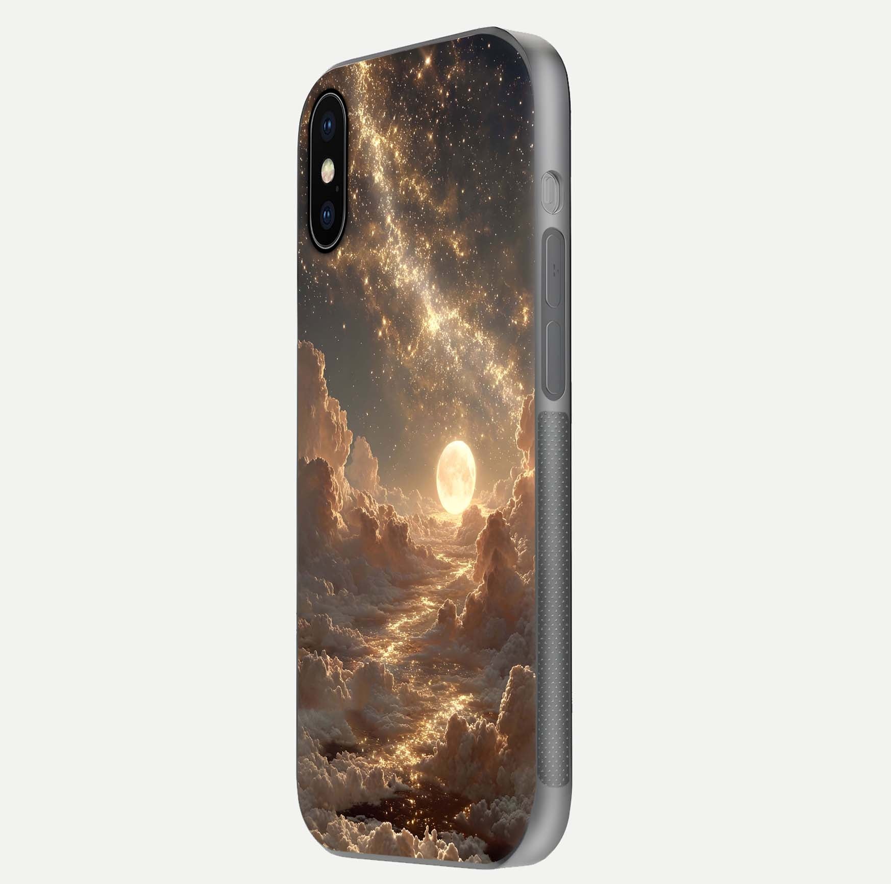 Golden Sky Dream Glass Case for iPhone X side-angle image showing reflection shine and smooth surface
