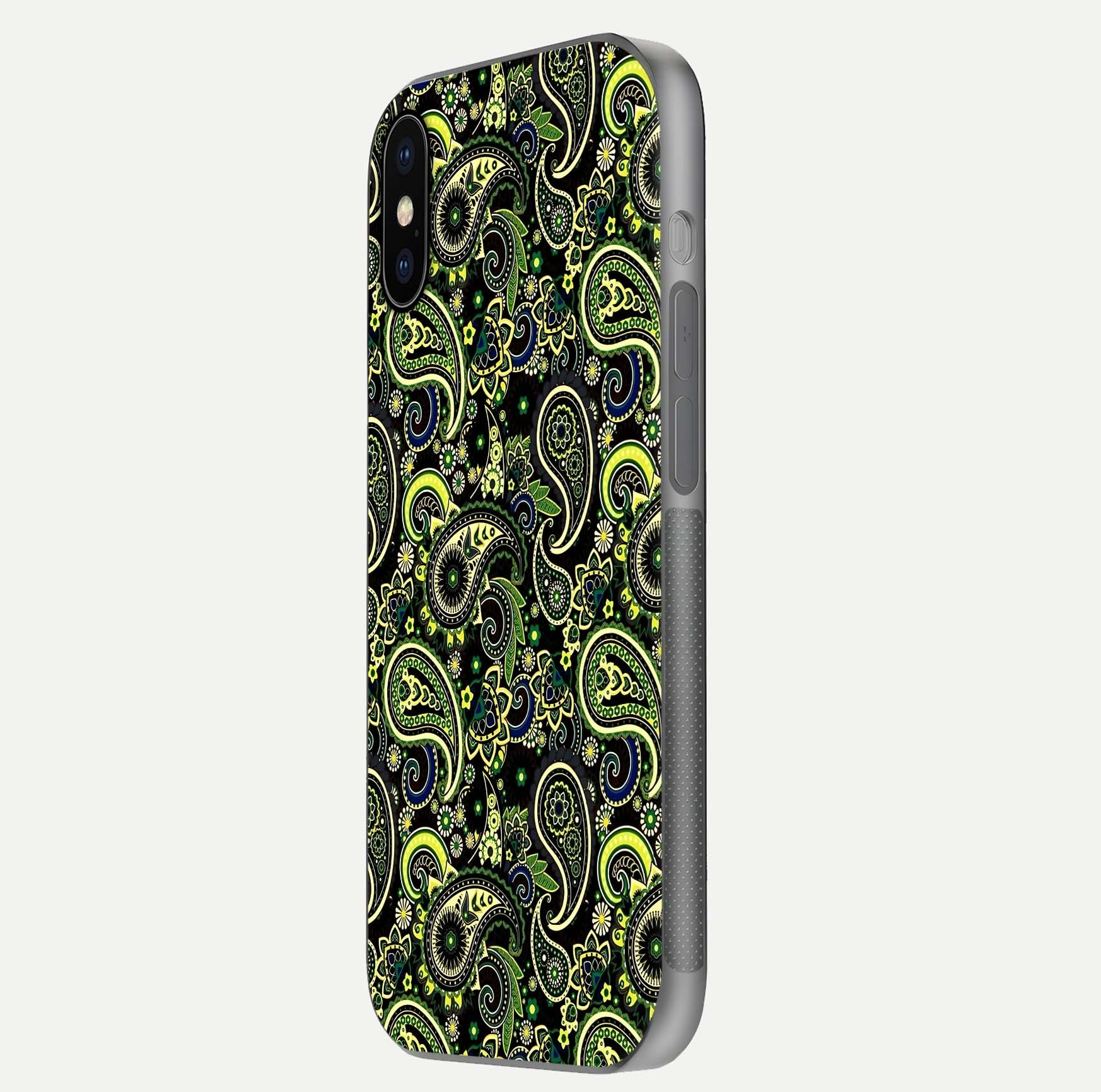 Green Mandala Pattern Glass Case for iPhone X side-angle image showing reflection clarity and detailed pattern lines