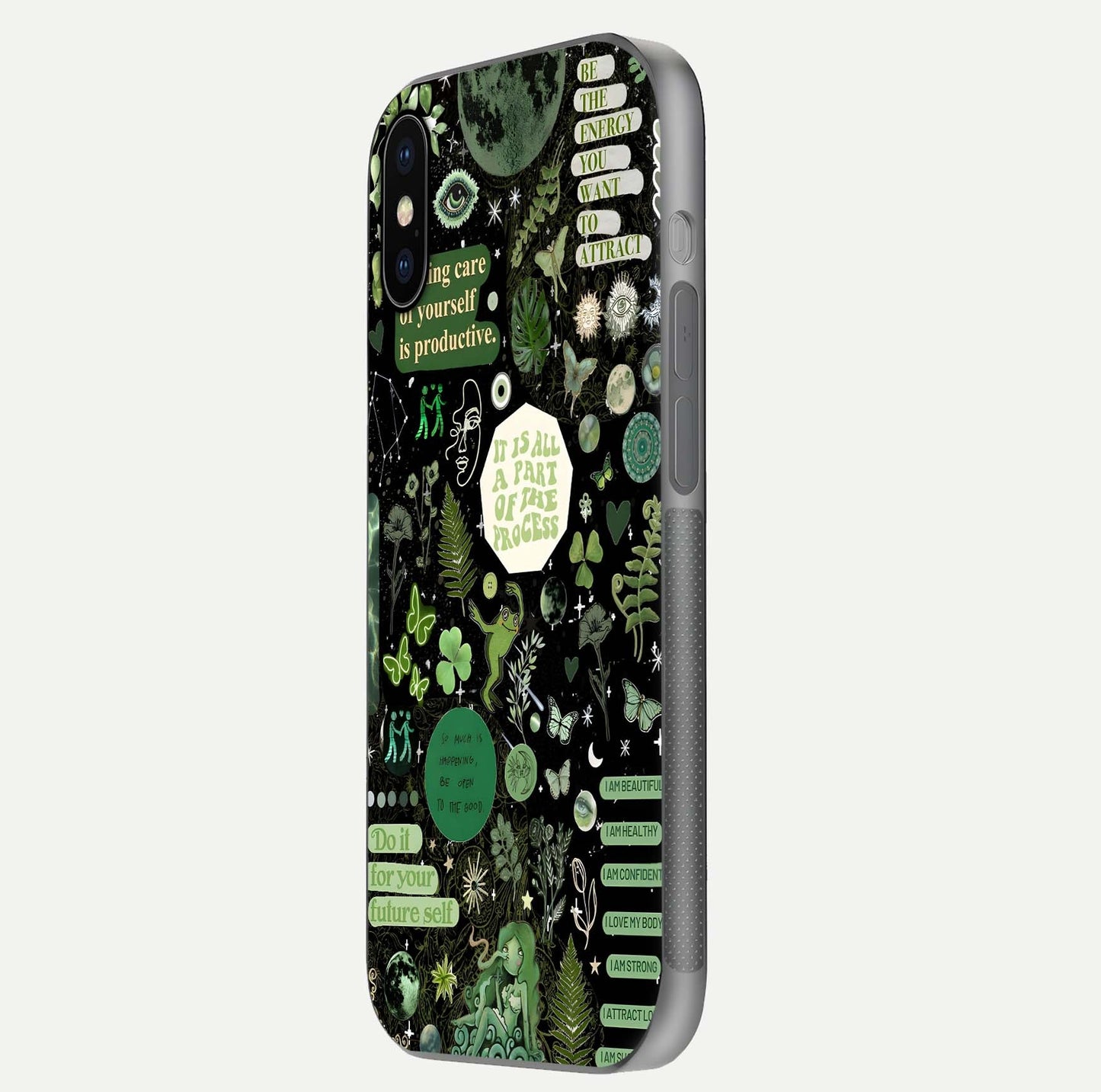 Green Moon Energy Glass Case for iPhone X side-angle image showing reflection brilliance and curved finish