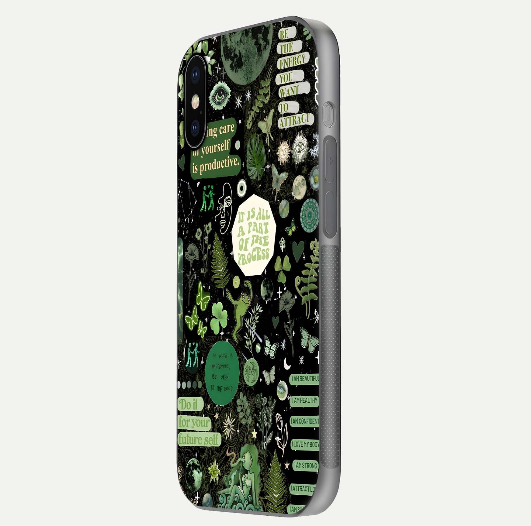 Green Moon Energy Glass Case for iPhone X side-angle image showing reflection brilliance and curved finish