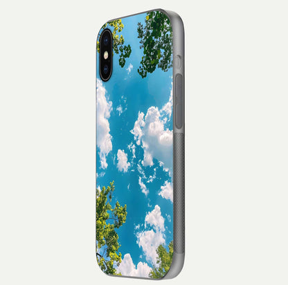 Greenery Sky Glass Case for iPhone X side-angle image showing reflection glow and nature-themed pattern