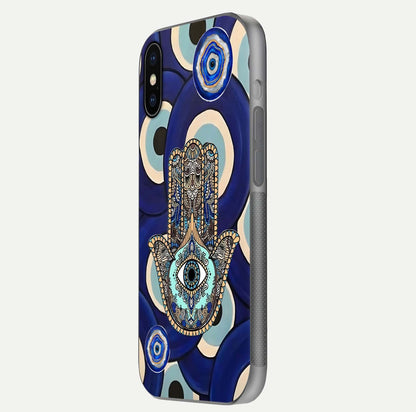 Hamsa Divine Guard Glass Case for iPhone X side-angle image showing reflection brilliance and protective design