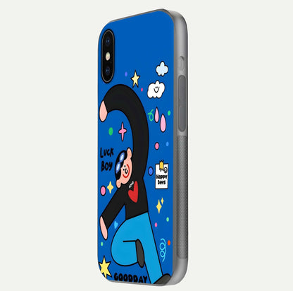 Happy Luck Vibe Glass Case for iPhone X side-angle image showing reflection polish and vivid charm design