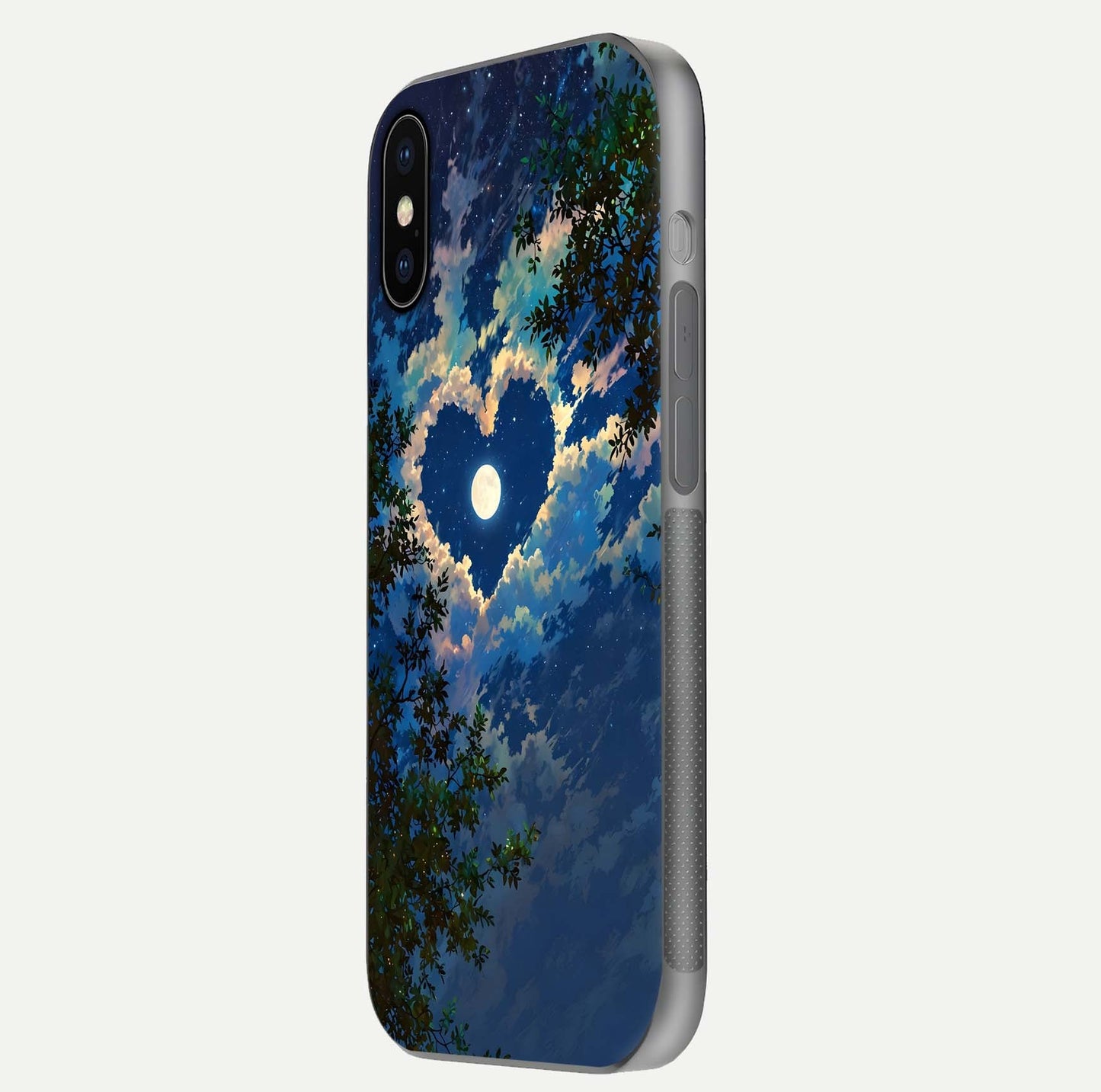 Heart with Moon Sky Glass Case for iPhone X side-angle image showing reflection brightness and soft tone finish