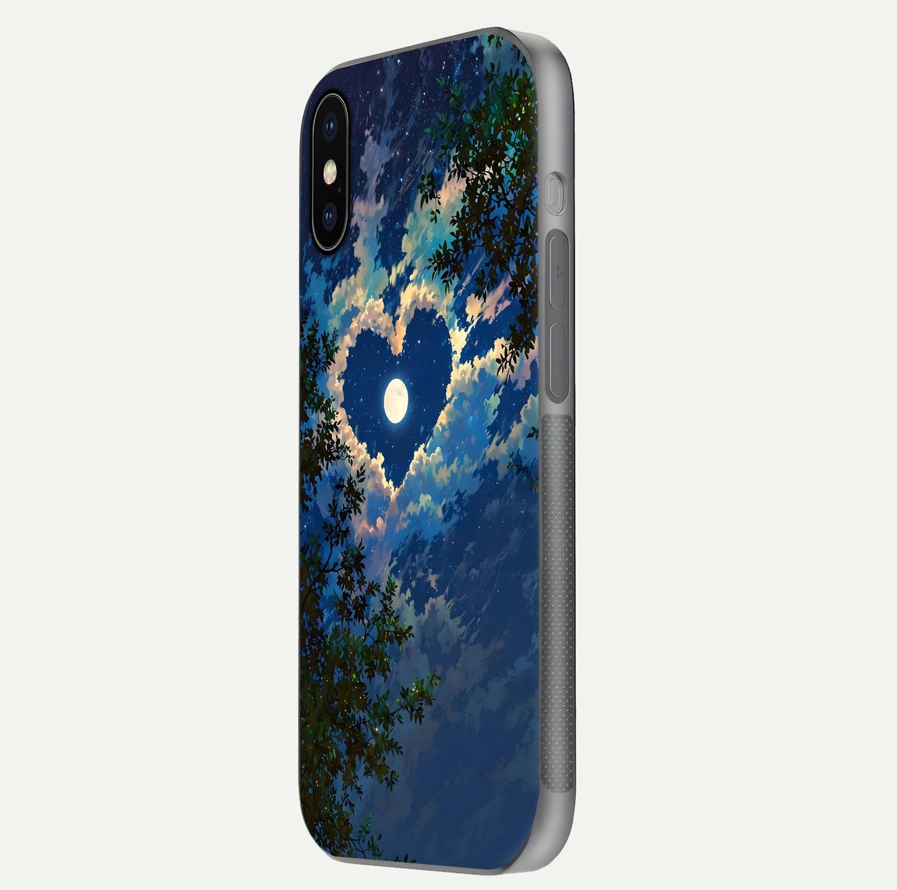 Heart with Moon Sky Glass Case for iPhone X side-angle image showing reflection brightness and soft tone finish