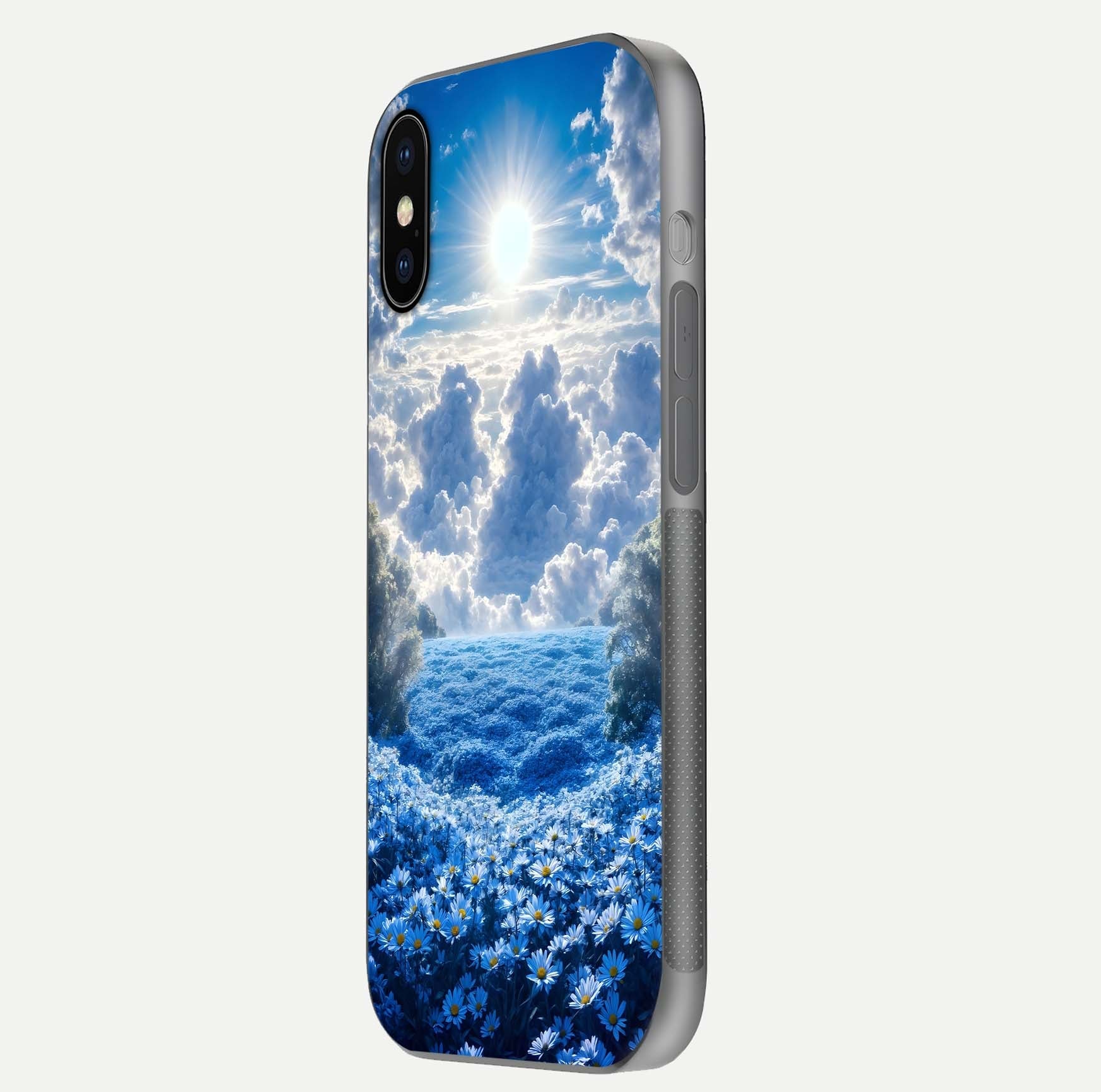 Heavenly Daisy Horizon Glass Case for iPhone X side-angle image showing reflection depth and floral glow