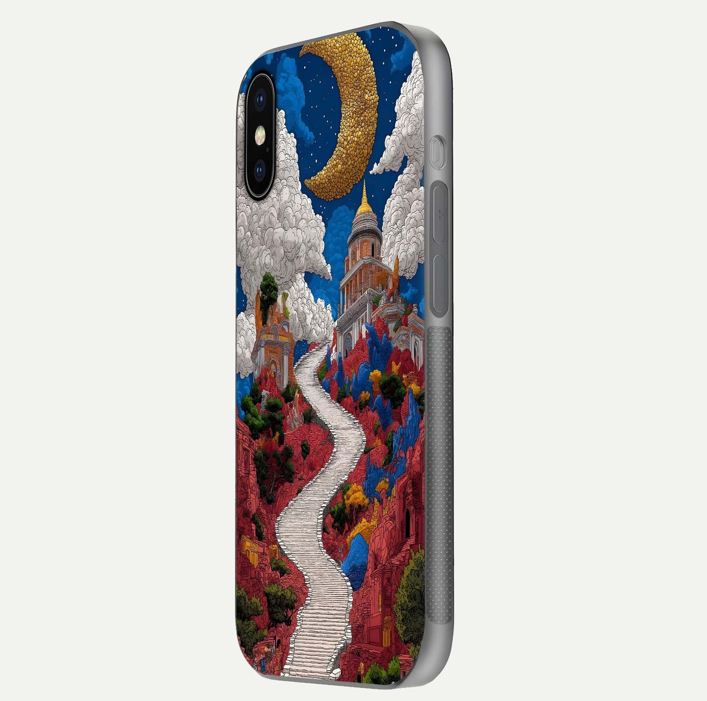 Heavenly Moon Path Glass Case for iPhone X side-angle image showing reflection clarity and serene moon glow
