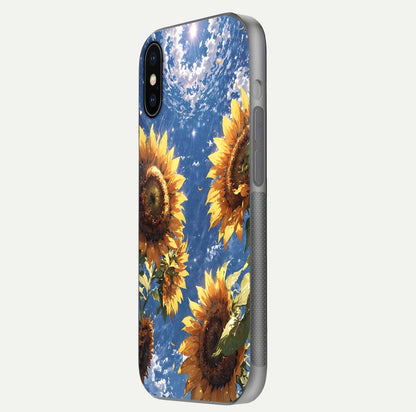 Heavenly Sunflower Rise Glass Case for iPhone X side-angle image showing reflection glow and soft yellow tone