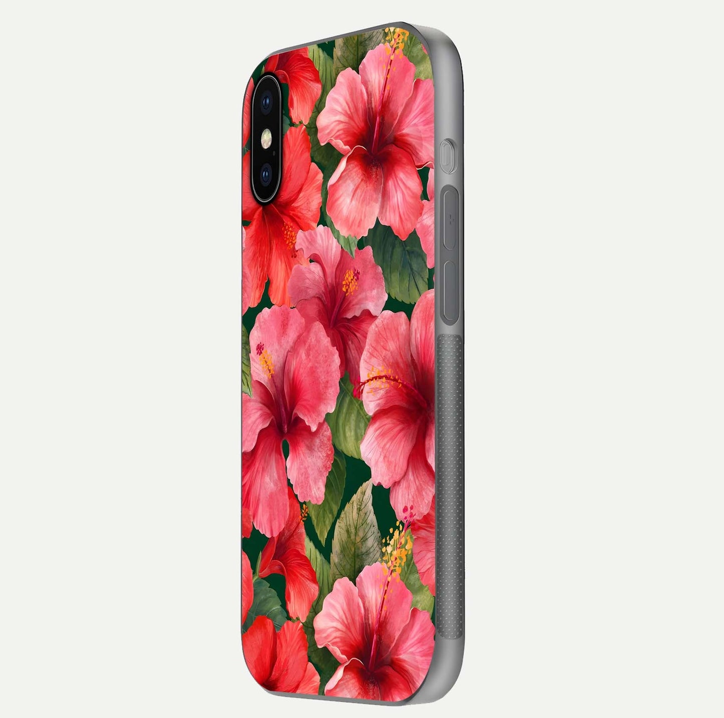 Hibiscus Pattern Glass Case for iPhone X side-angle image showing reflection brightness and floral detailing
