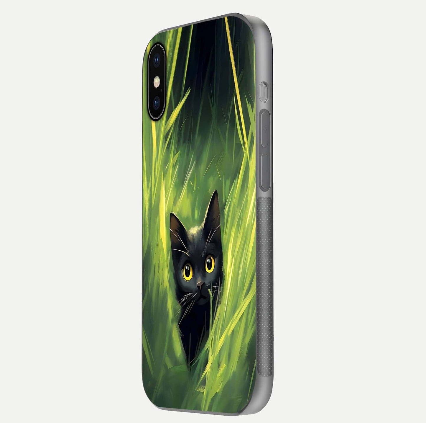 Hidden Cat Whisper Glass Case for iPhone X side-angle image showing reflection glow and subtle artistic texture