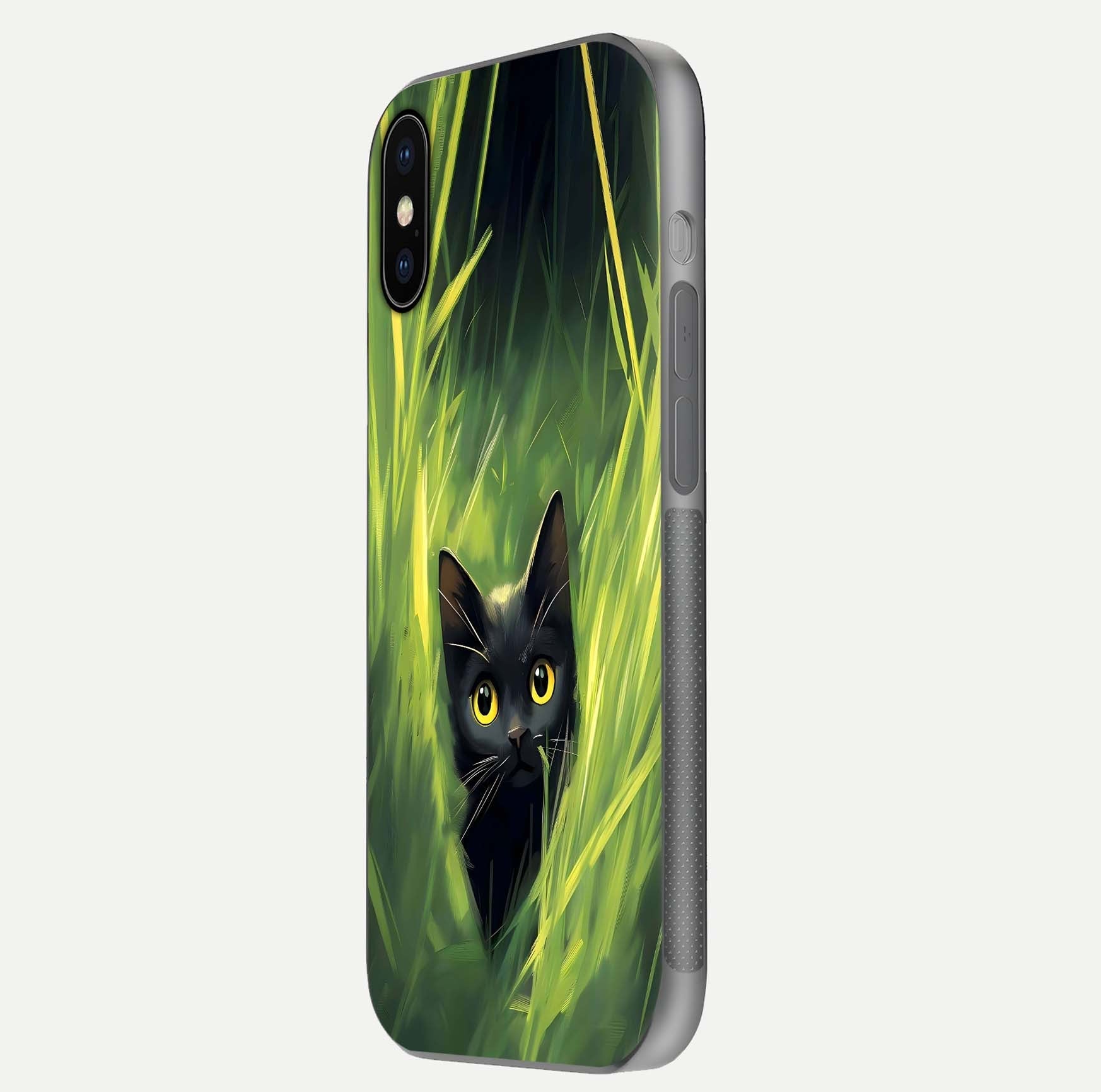Hidden Cat Whisper Glass Case for iPhone X side-angle image showing reflection glow and subtle artistic texture