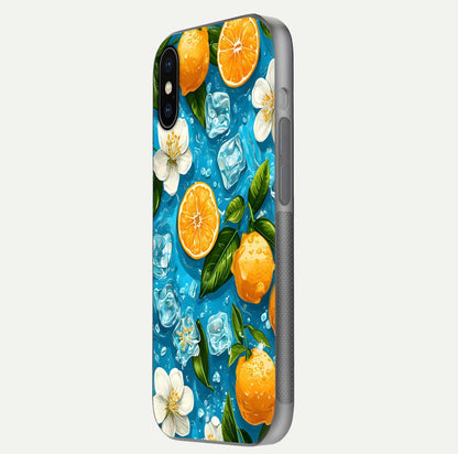 Ice Cube With Orange Glass Case for iPhone X side-angle image showing reflection brightness and juicy pattern detail