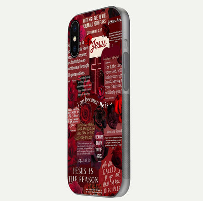 Jesus Love Heals Glass Case for iPhone X side-angle image highlighting gloss depth and spiritual aura