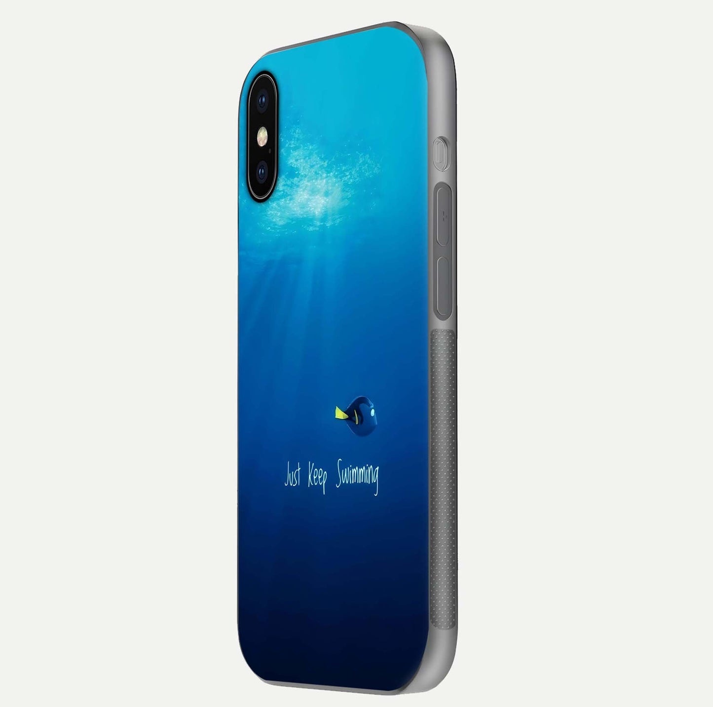 Just Keep Swimming Glass Case for iPhone X side-angle image highlighting reflective surface and positive quote