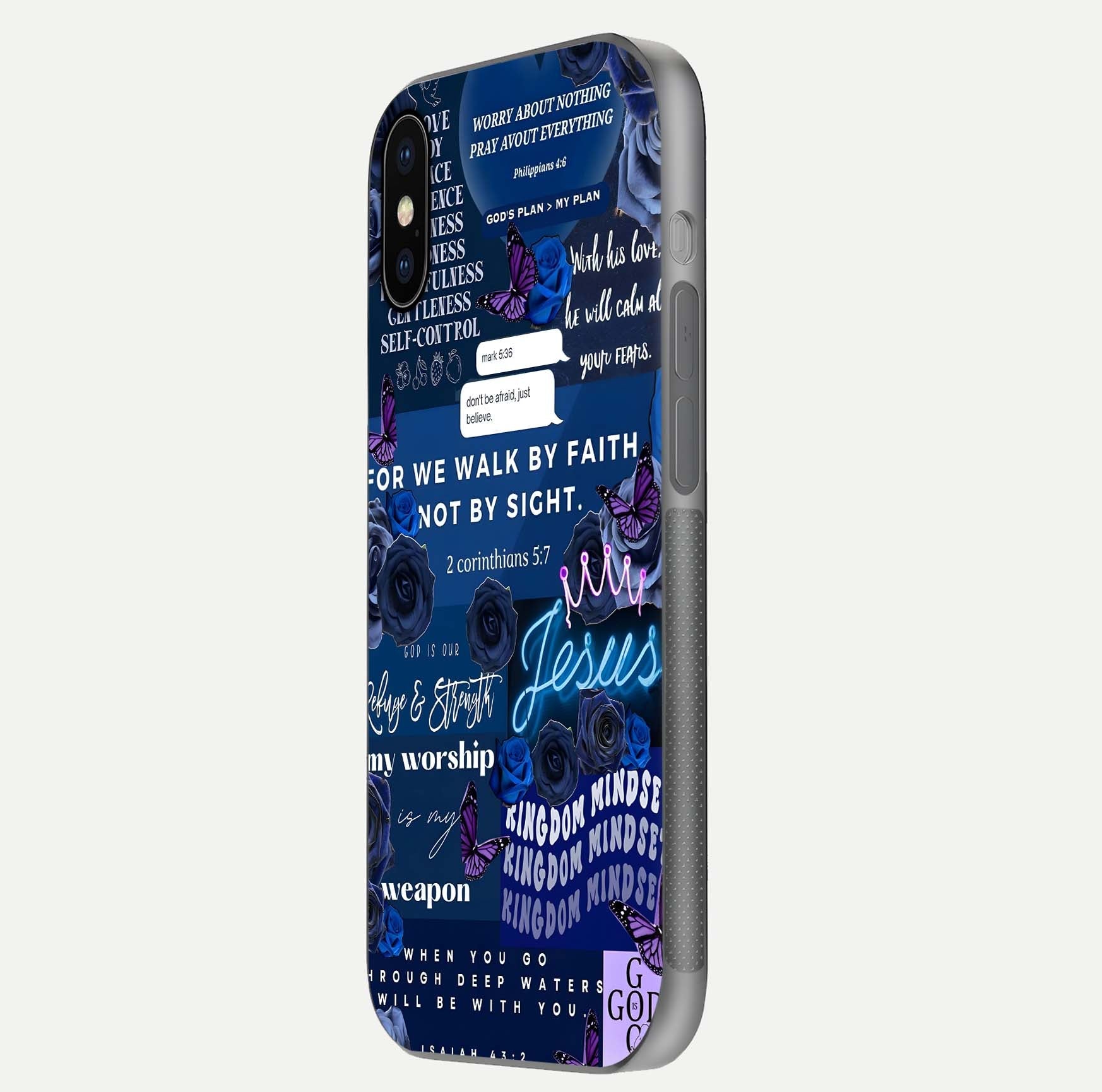 Kingdom Faith Glow Glass Case for iPhone X side-angle image with reflective cross and faith glow