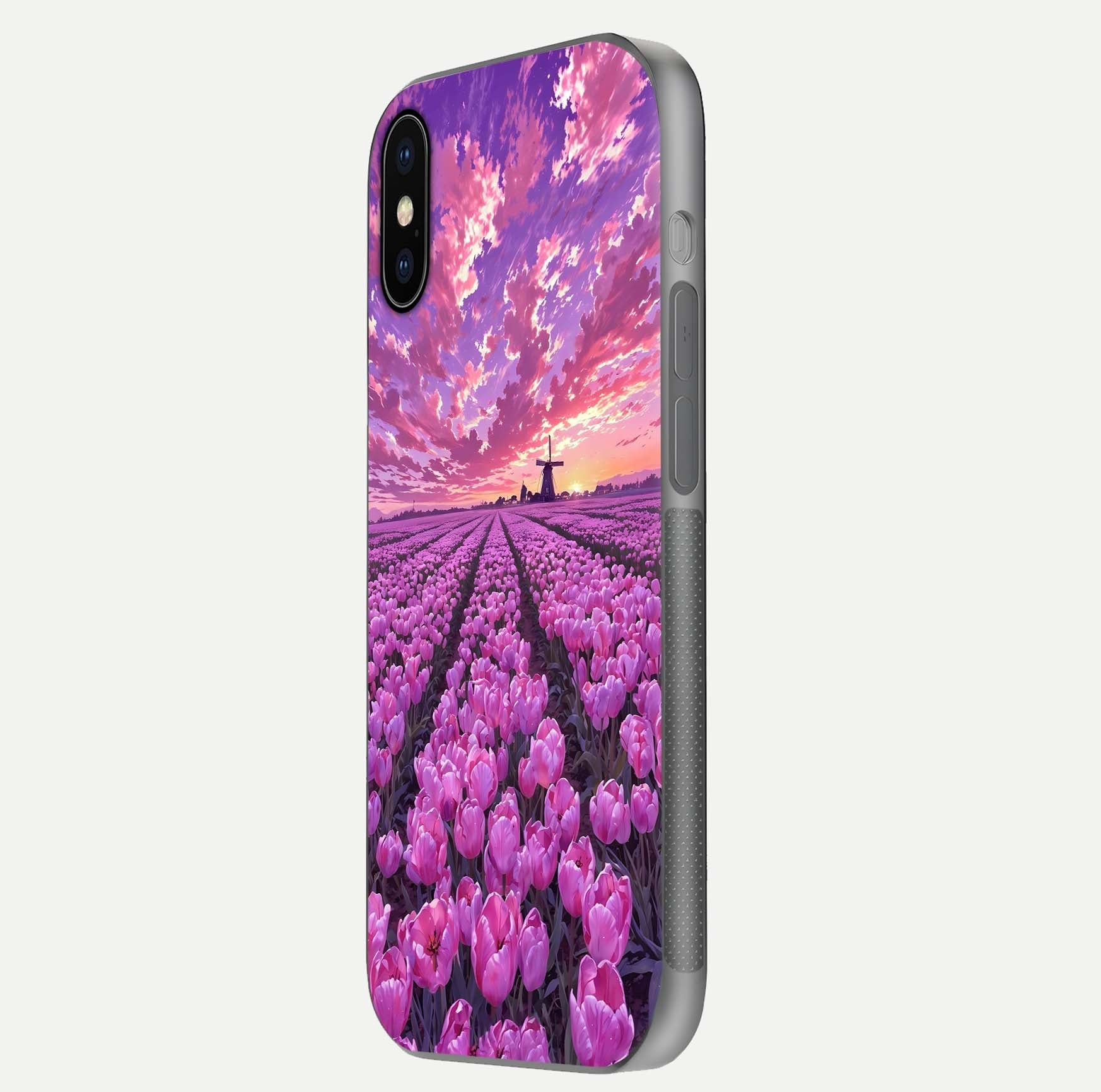Lavender Dream Skies Glass Case for iPhone X side-angle image showing reflection depth and serene tones