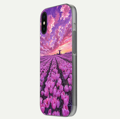 Lavender Dream Skies Glass Case for iPhone X side-angle image showing reflection depth and serene tones