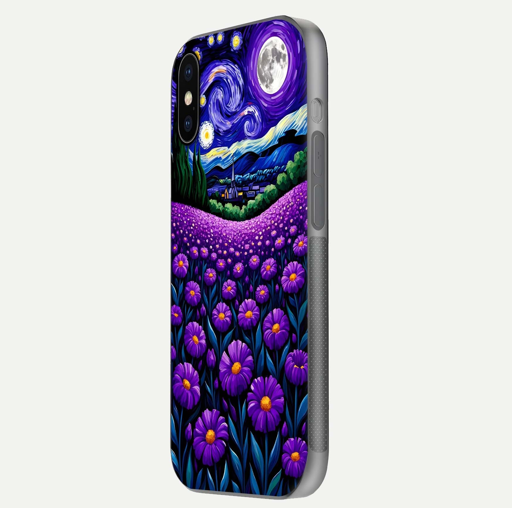 Lavender Moon Field Glass Case for iPhone X side-angle image showing HD reflection and moonlit lavender art
